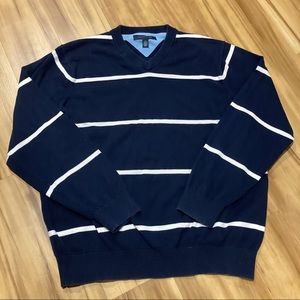 Tommy Hilfiger Navy + White Striped V-Neck Sweater